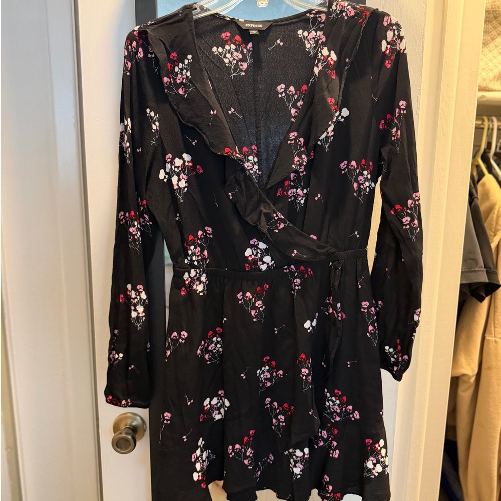 Express Floral Wrap Dress - Black with Pink & White Blossoms